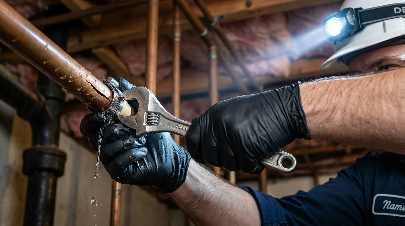 Emergency pipe clamp repair being performed by a Johns Plumbing LLC plumber in Edgewater