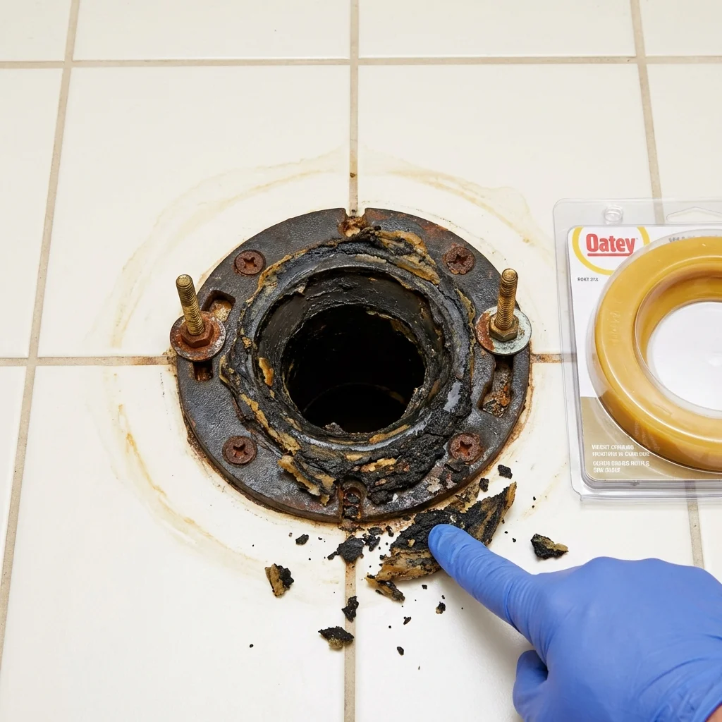 Failed wax ring showing water seepage at the base of a toilet in a Edgewater, FL home