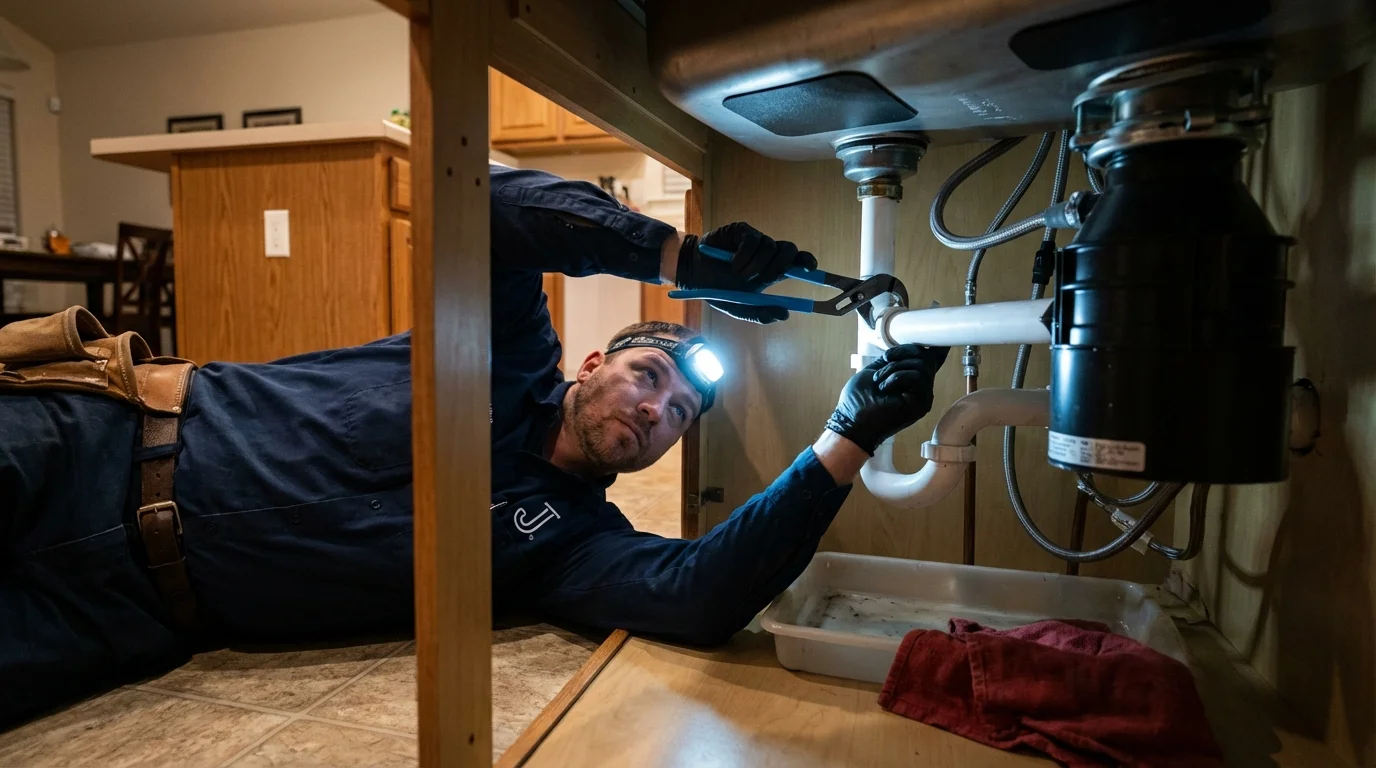 P-trap and supply line connections under a kitchen sink showing a common leak point in Edgewater, FL